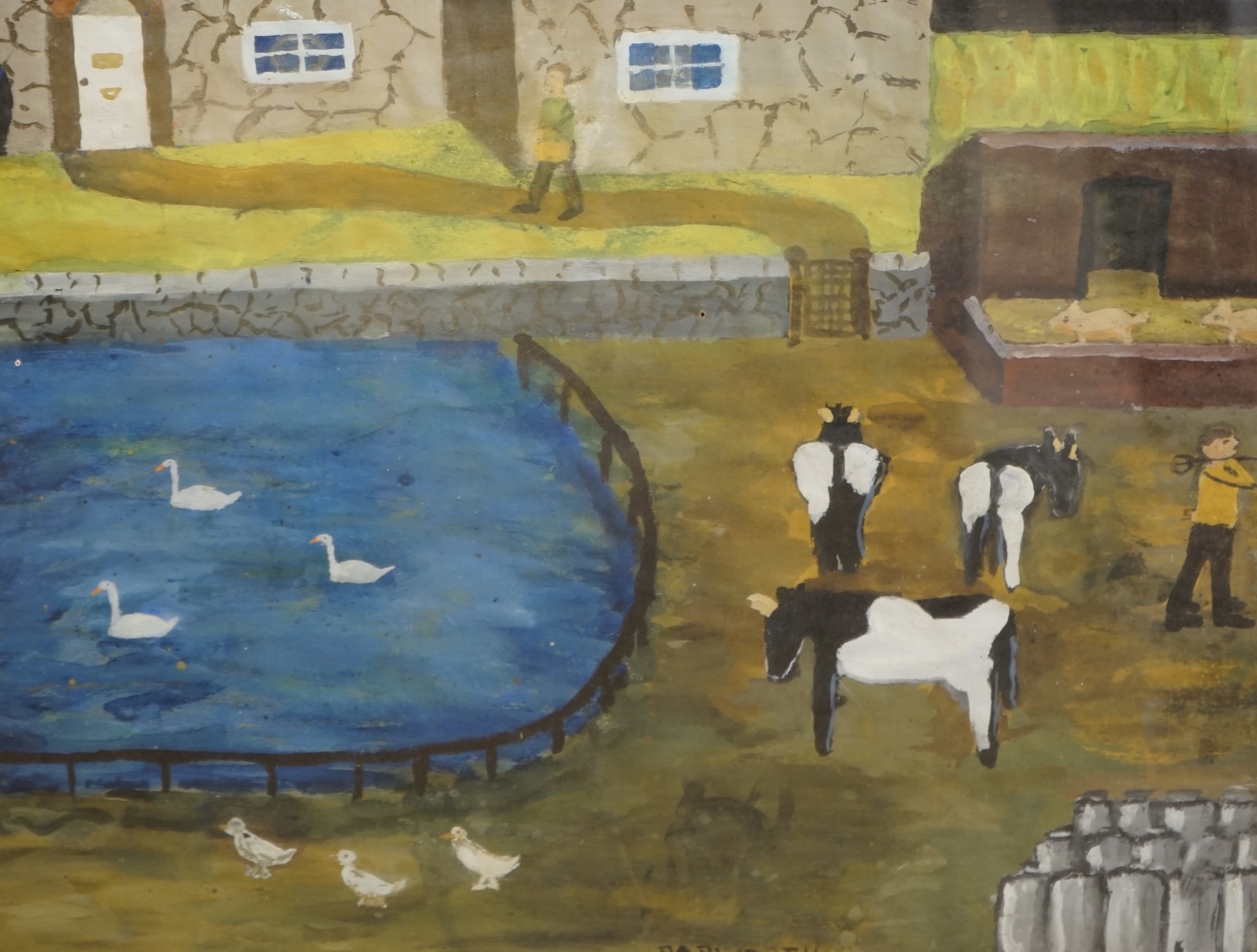 Papworth, mixed media and gouache, Naive farmyard scene, signed, 39 x 49cm. Condition - fair